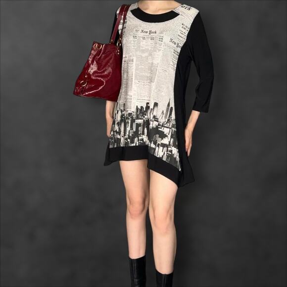 Y2K Newspaper Print Mini Dress Black and White Medium - Picture 2 of 6